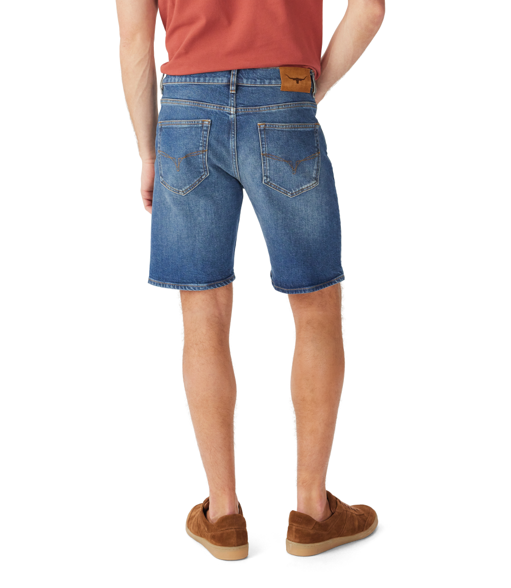 R.M.Williams - Nicholson Denim Short - Vintage Indigo seen from the back with longhorn embroidery and leather patch.