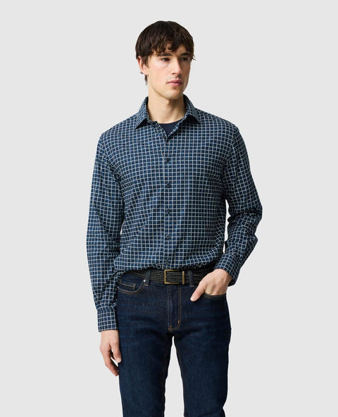 Rodd & Gunn - Sail Rock Shirt - Midnight, featuring a classic windowpane check design on a navy base worn casually.