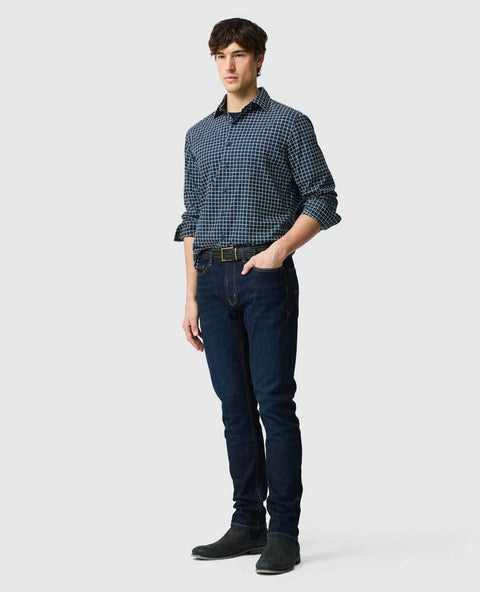 Rodd & Gunn - Sail Rock Shirt - Midnight styled with dark jeans, featuring a modern fit and classic windowpane check design.