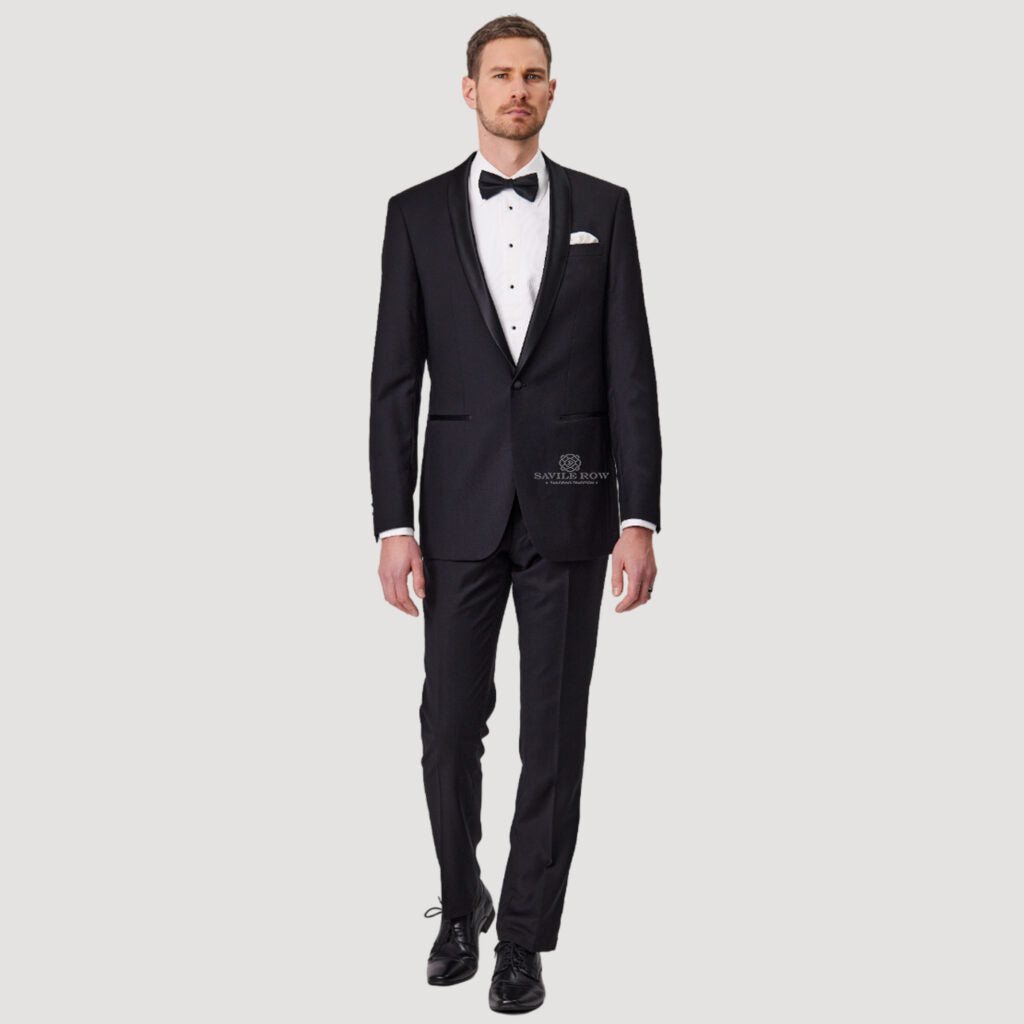 Savile Row - Thomas D9 Merino Wool Tuxedo Jacket - Black displayed on a model showcasing a sophisticated black-tie look.