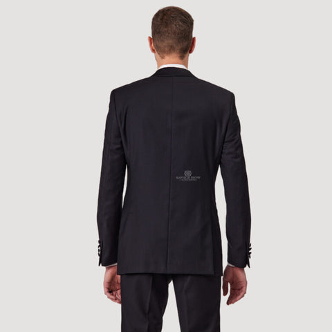 Savile Row - Thomas D9 Merino Wool Tuxedo Jacket - Black, back view of a man wearing a tailored tuxedo jacket.