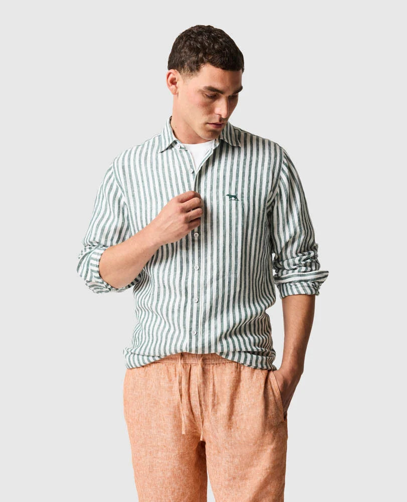 Rodd & Gunn - Seadown Linen Shirt - Stripe - Forest being modeled, showcasing vertical stripes and relaxed fit.