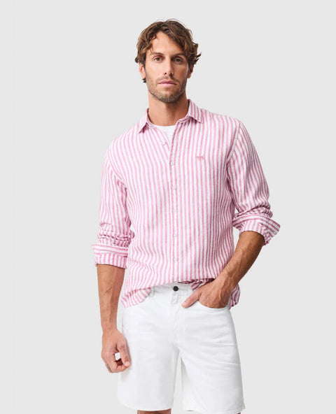 Rodd & Gunn - Seadown Linen Shirt - Stripe - Rosewater model wearing a lightweight striped linen shirt with shorts.