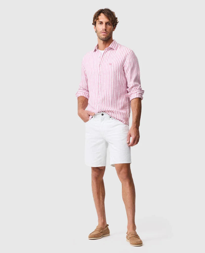 Rodd & Gunn - Seadown Linen Shirt - Stripe - Rosewater worn by a model with shorts and loafers.