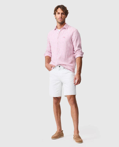 Rodd & Gunn - Seadown Linen Shirt - Stripe - Rosewater worn by a model with shorts and loafers.