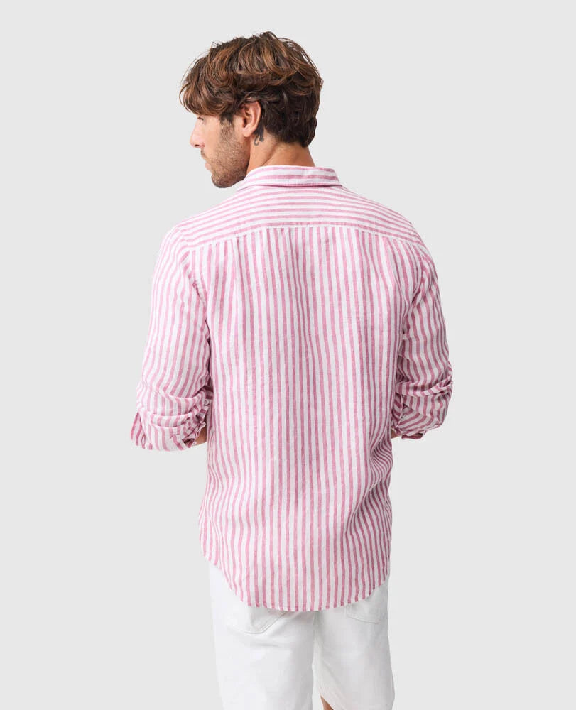 Rodd & Gunn - Seadown Linen Shirt - Stripe - Rosewater, back view showing vertical stripes in rosewater, tailored fit.
