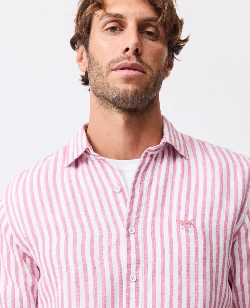 Rodd & Gunn - Seadown Linen Shirt - Stripe - Rosewater worn by model, featuring vertical stripes and a modern fit.