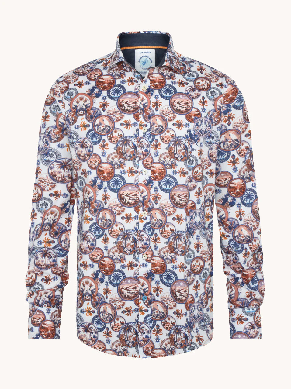 A Fish Named Fred - Desert World Shirt - White & Cobalt Multi featuring vibrant desert-inspired print.