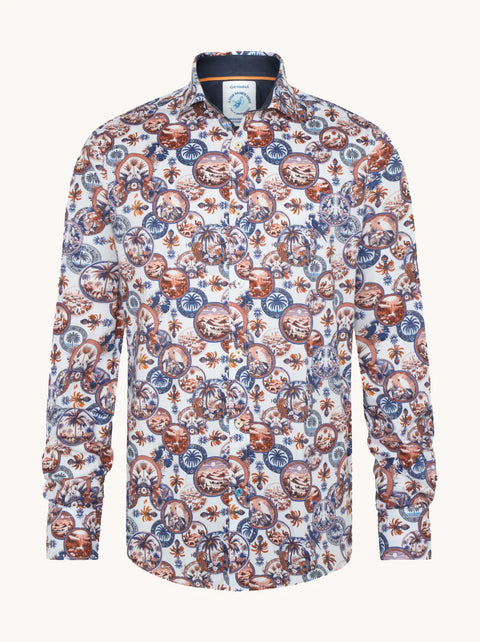A Fish Named Fred - Desert World Shirt - White & Cobalt Multi featuring vibrant desert-inspired print.