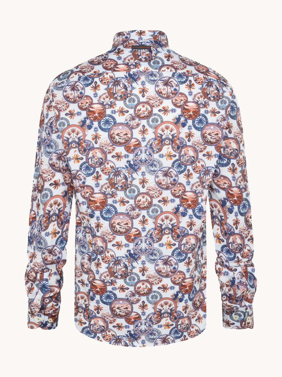 A Fish Named Fred - Desert World Shirt - White & Cobalt Multi featuring a vibrant desert-inspired print on the back.