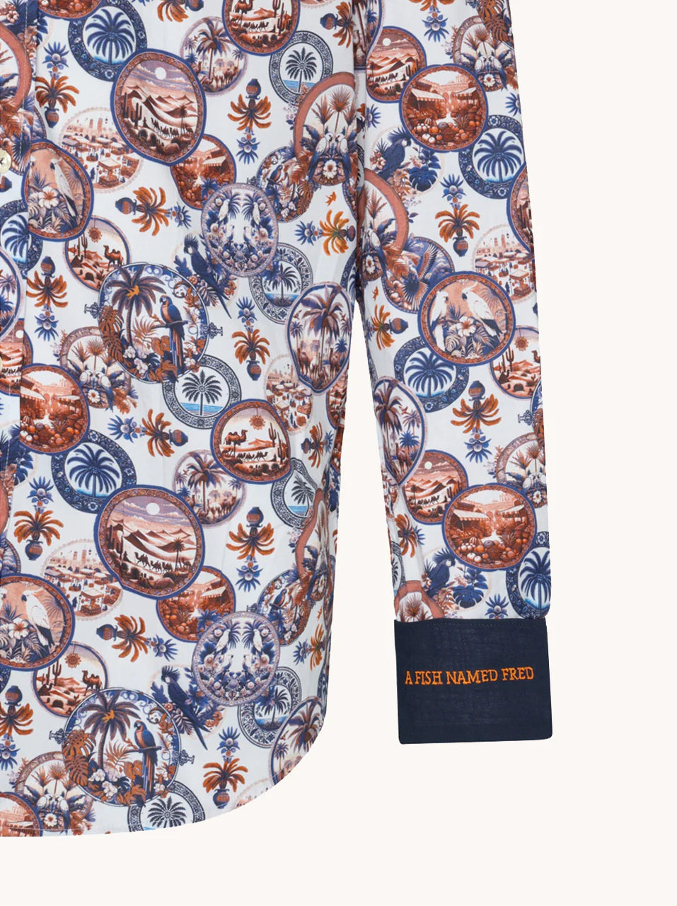 A Fish Named Fred - Desert World Shirt - White & Cobalt Multi showcasing vibrant desert print detail.