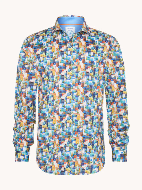 A Fish Named Fred - Shirt Town - Blue Multi, vibrant cityscape shirt design in blue multi tones, modern slim fit.