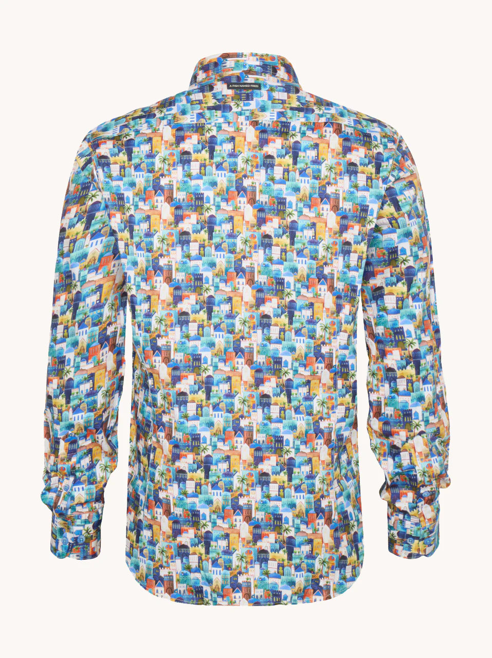 A Fish Named Fred - Shirt Town - Blue Multi featuring a vibrant cityscape print on the back of a shirt.