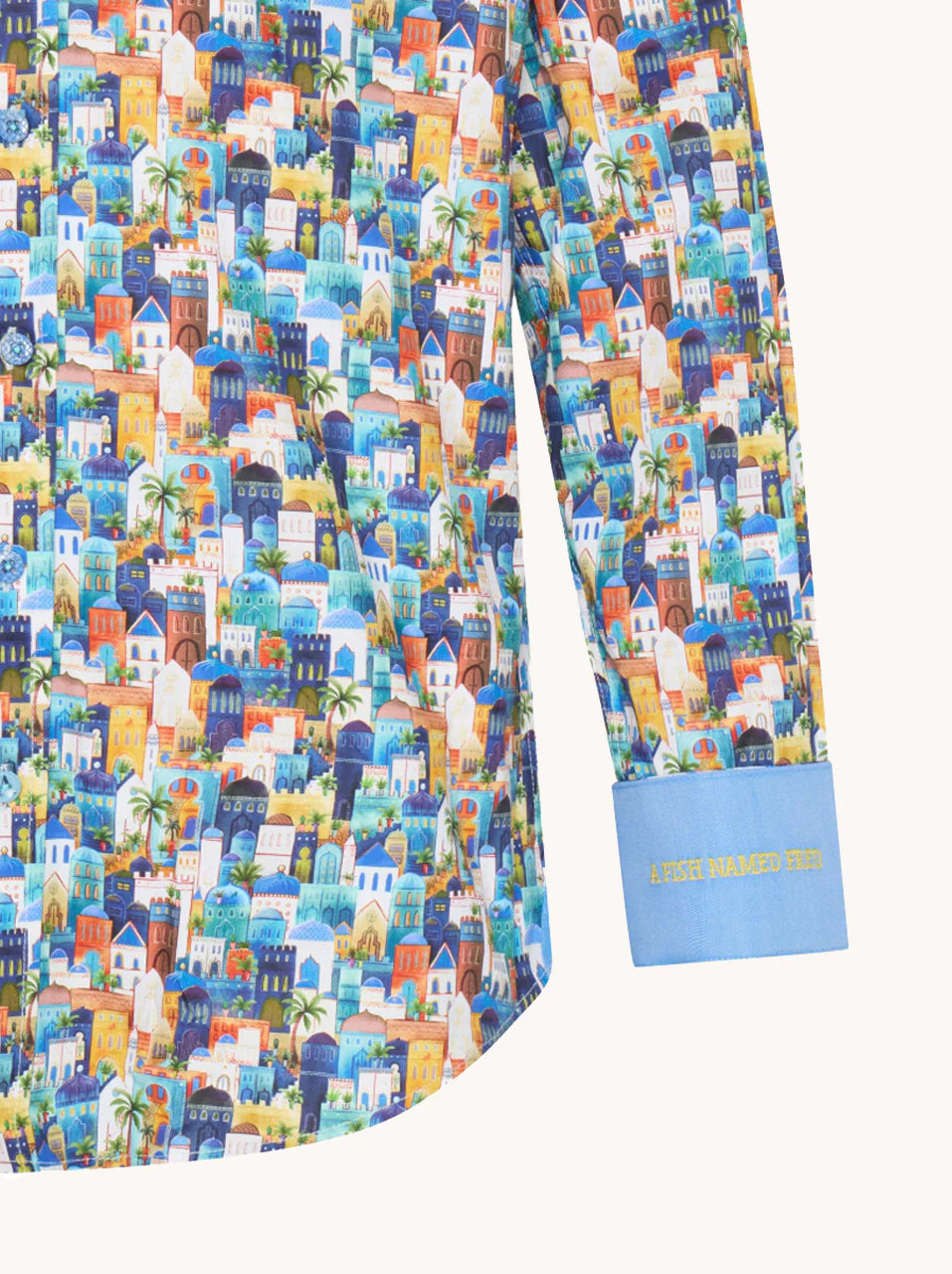 A Fish Named Fred - Shirt Town - Blue Multi featuring a vibrant cityscape print on premium cotton.
