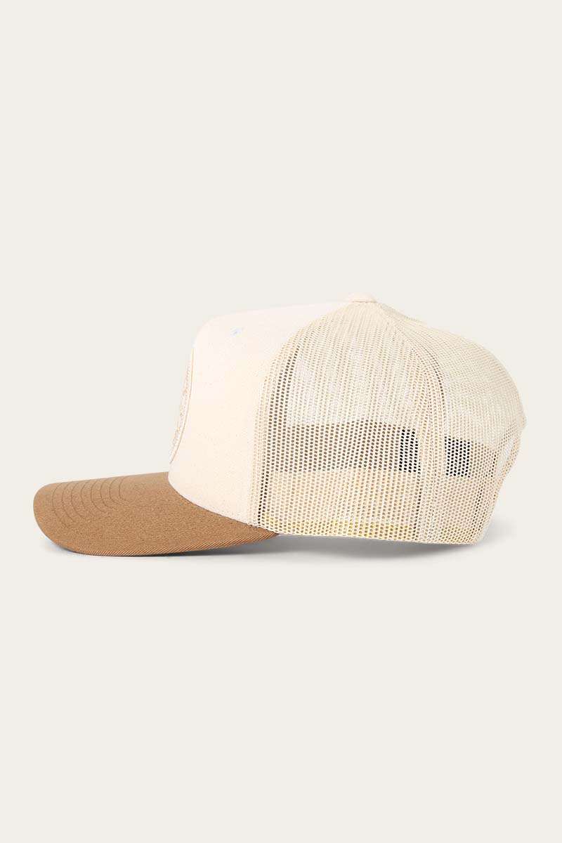 Ringers Western - Signature Bull Trucker Cap - Beige & Clay side view showcasing mesh back and structured front.