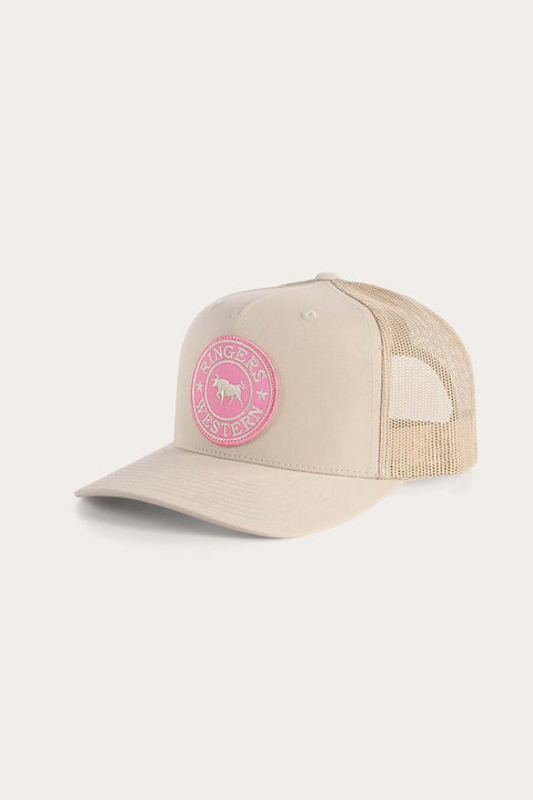 Ringers Western - Signature Bull Trucker Cap - Bone & Pink with mesh back and logo on front.