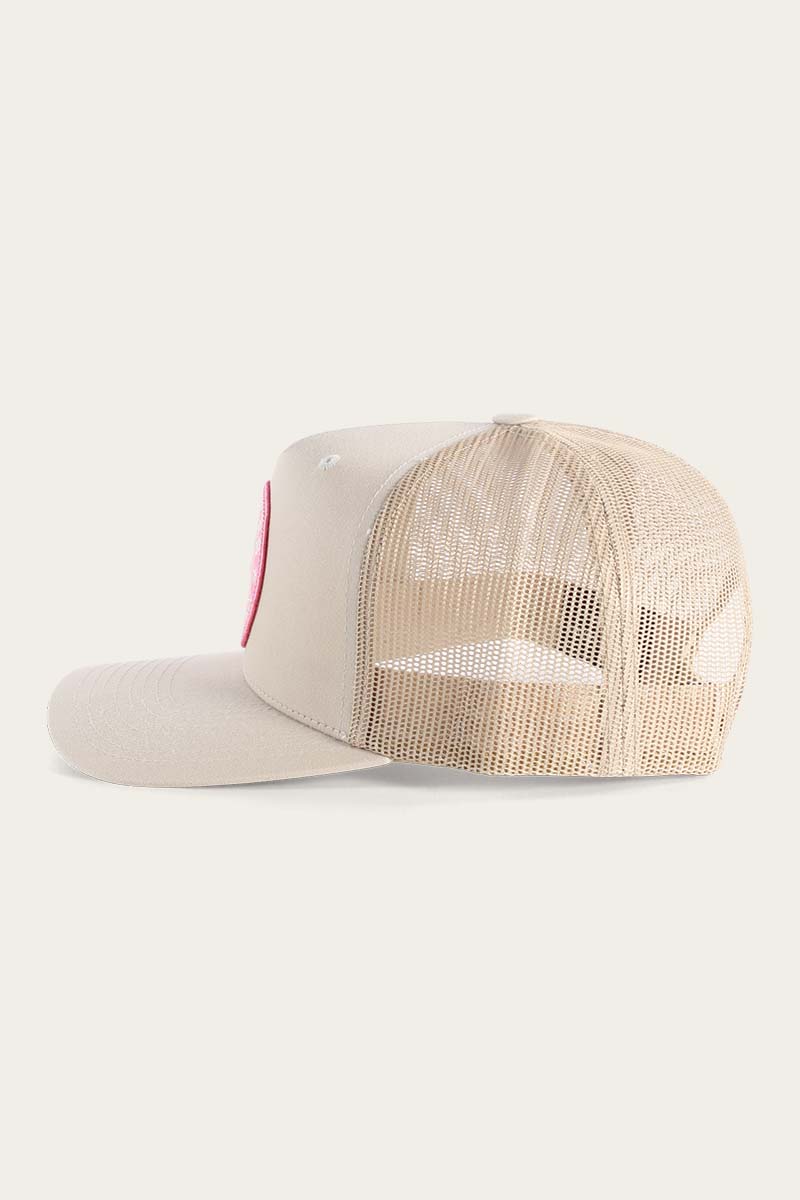 Ringers Western - Signature Bull Trucker Cap - Bone & Pink side view showcasing premium mesh back and adjustable snapback.