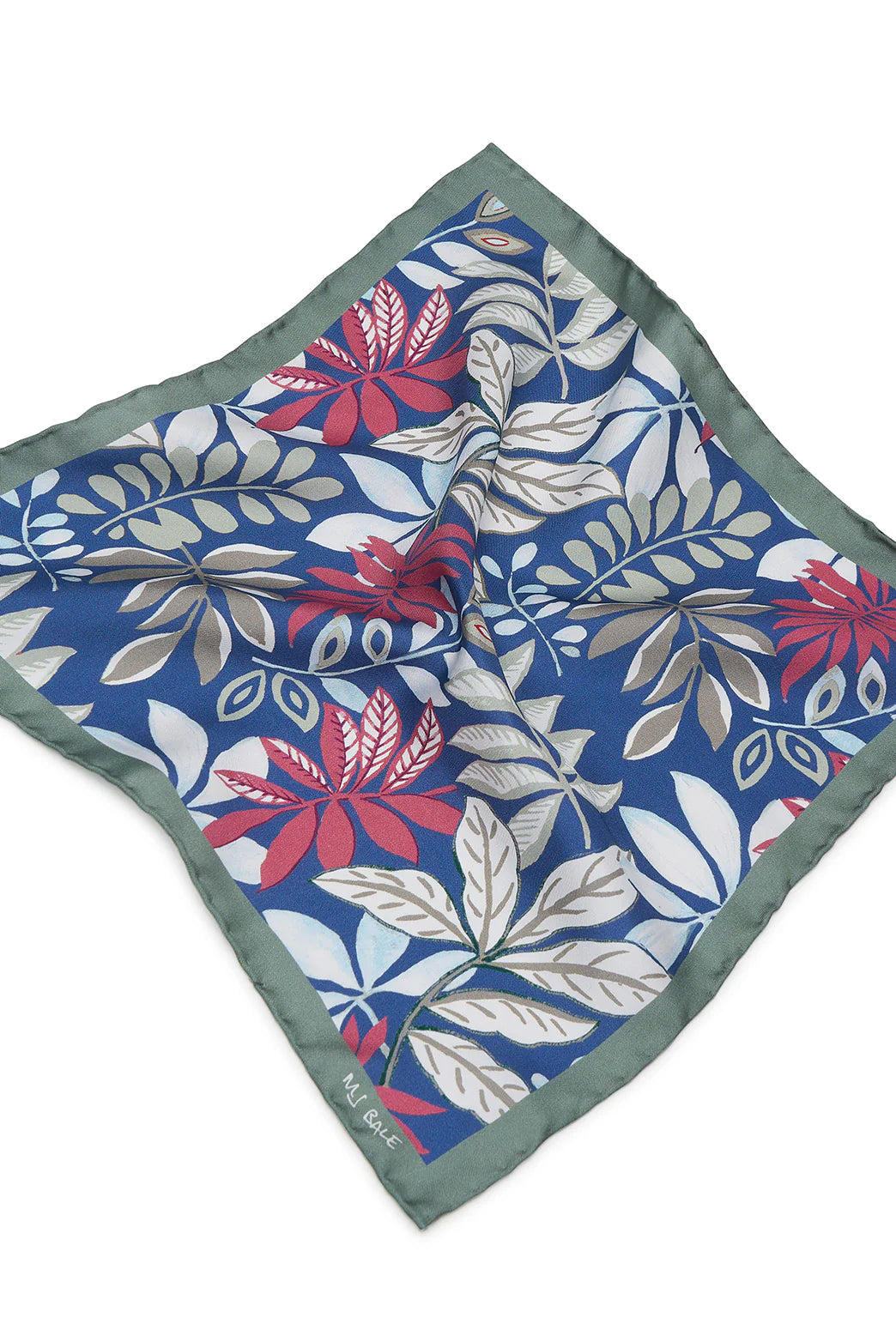 M.J. Bale - St Barts Pocket Square - Seagrass featuring a vibrant floral design on silk twill.