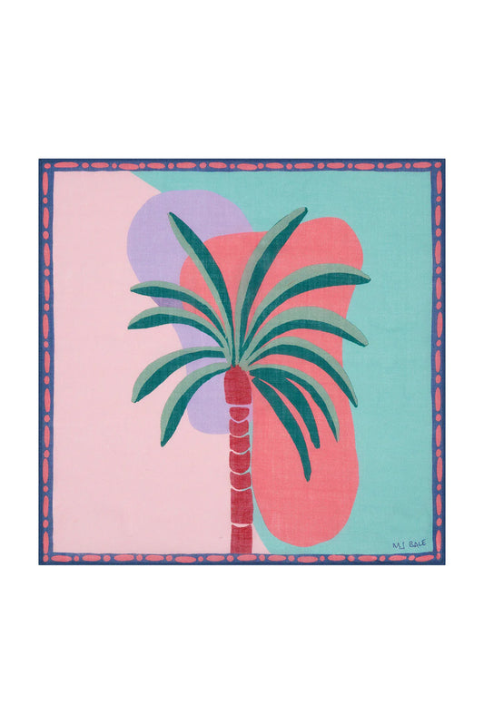 M.J. Bale - Saint Tropez Pocket Square - Pink featuring a palm tree design on a textured background.