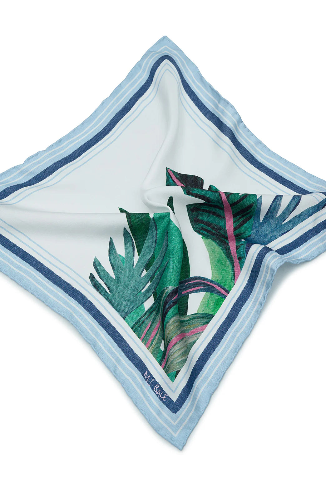 M.J. Bale - Saint Tropez Pocket Square - White, featuring exclusive prints on silk twill with rolled edges.