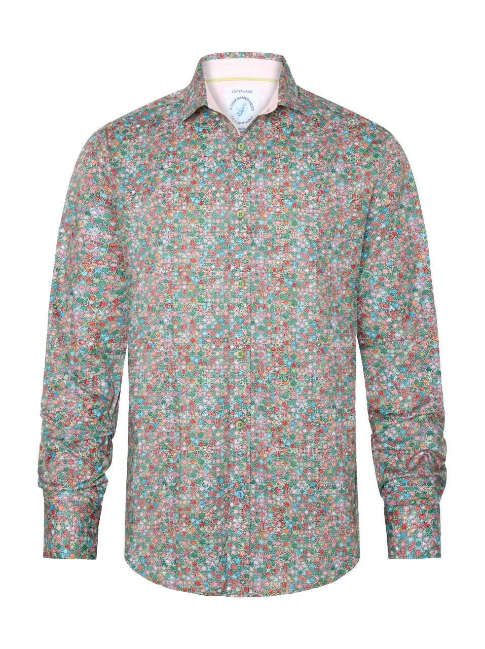 A Fish Named Fred - Star Tile Shirt - Green, featuring a vibrant star tile pattern in green and pink tones.