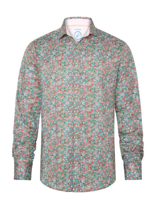 A Fish Named Fred - Star Tile Shirt - Green, featuring a vibrant star tile pattern in green and pink tones.