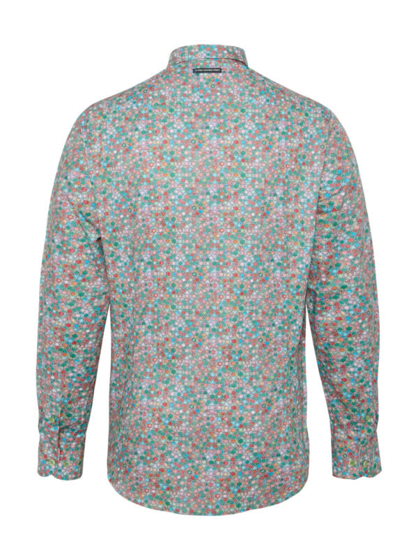 A Fish Named Fred - Star Tile Shirt - Green back view showcasing vibrant star tile pattern in green and pink.