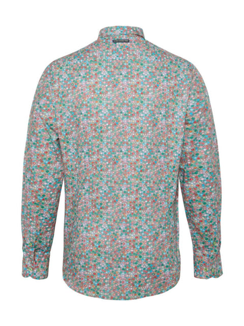 A Fish Named Fred - Star Tile Shirt - Green back view showcasing vibrant star tile pattern in green and pink.