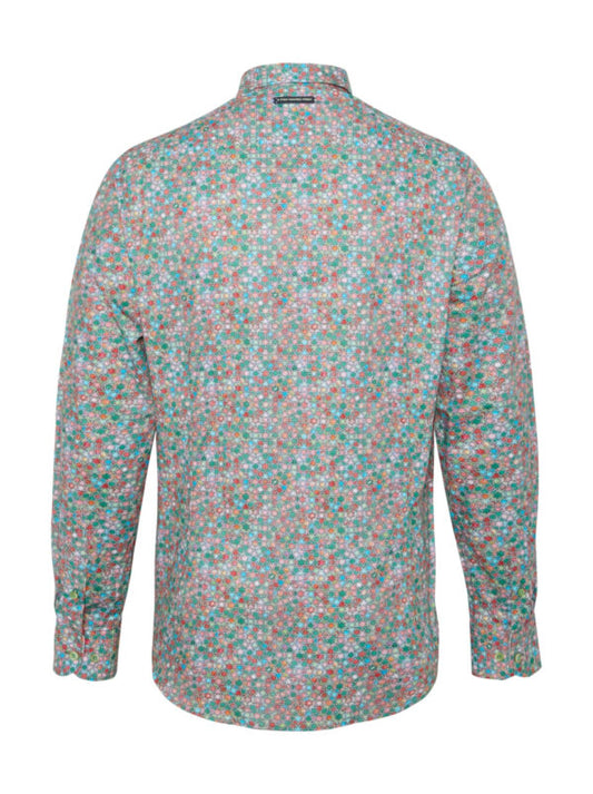 A Fish Named Fred - Star Tile Shirt - Green back view showcasing vibrant star tile pattern in green and pink.