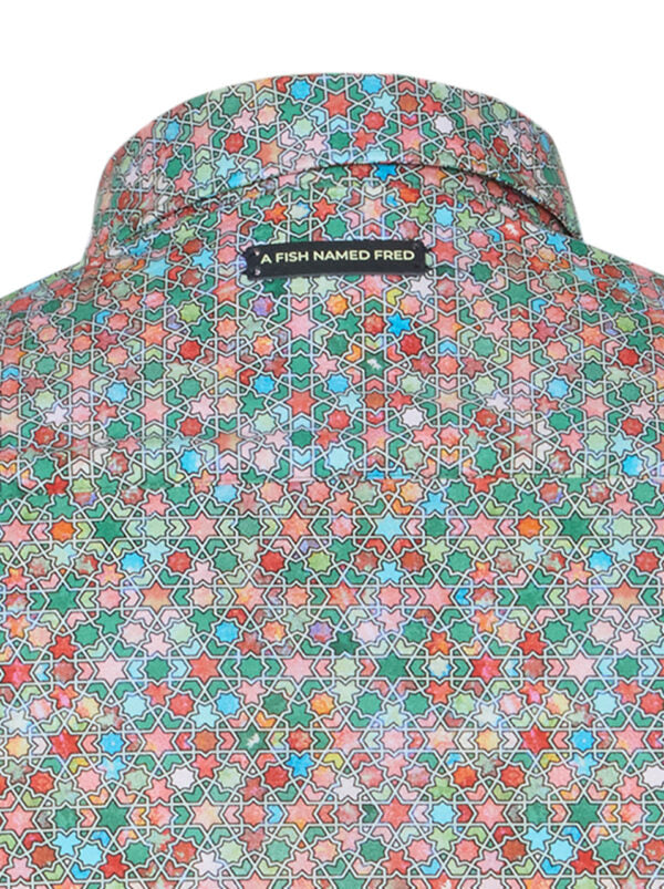 A Fish Named Fred - Star Tile Shirt - Green back collar detail showcasing colorful star tile pattern.