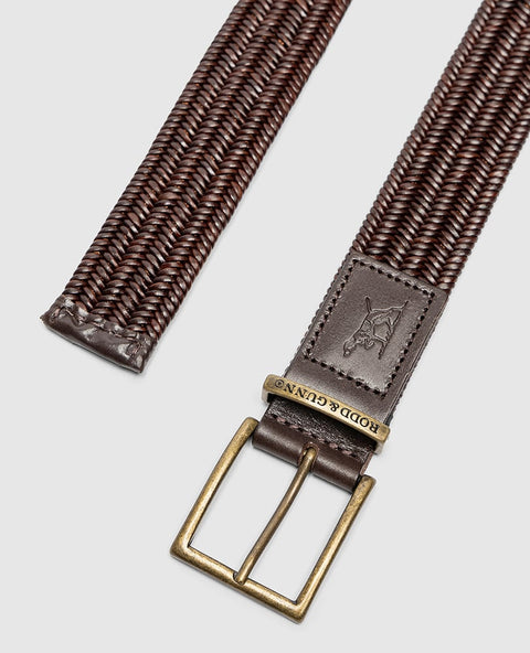 Rodd & Gunn - Stirling Stretch Belt - Leather - Testa Di Moro close-up showing woven leather and brass buckle.