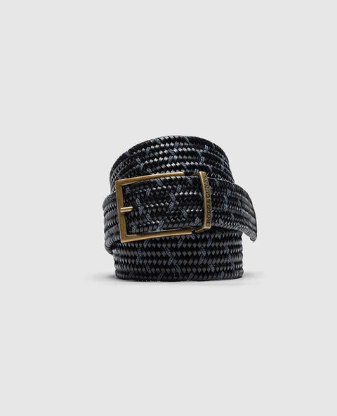 Rodd & Gunn - Stratford Stretch Belt - Leather - Navy displayed in a coiled position with antique finished buckle.
