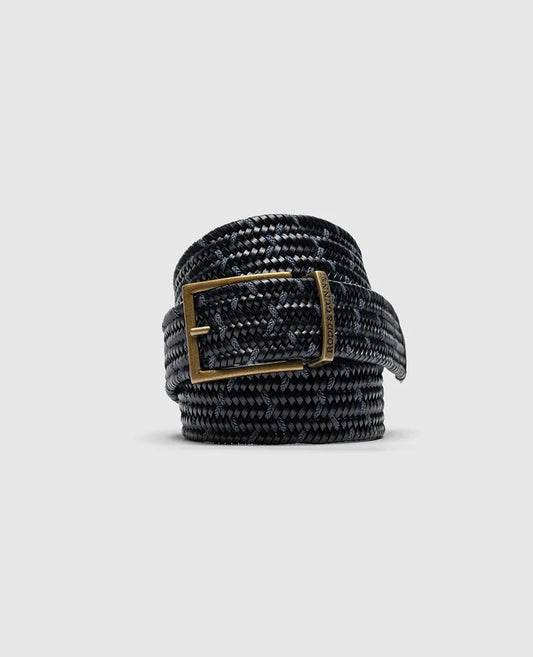 Rodd & Gunn - Stratford Stretch Belt - Leather - Navy displayed in a coiled position with antique finished buckle.