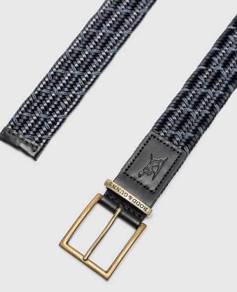 Rodd & Gunn - Stratford Stretch Belt - Leather - Navy close-up showing woven structure and antique finished buckle.
