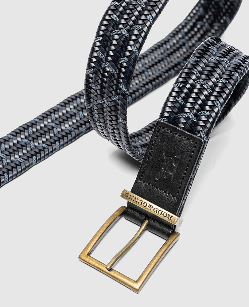 Rodd & Gunn - Stratford Stretch Belt - Leather - Navy in woven design with antique finish buckle showing logo.