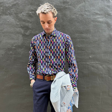 Altemflower - Surfboard Print Shirt - Navy Multi worn by a model, showcasing vibrant colors against a navy background.