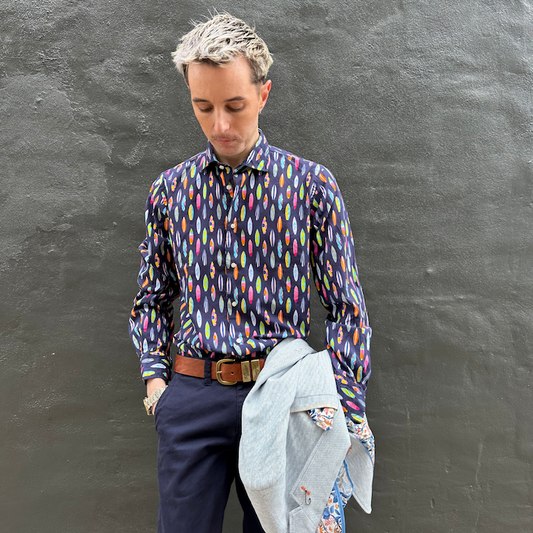 Altemflower - Surfboard Print Shirt - Navy Multi worn by a model, showcasing vibrant colors against a navy background.