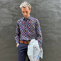 Altemflower - Surfboard Print Shirt - Navy Multi worn by a model, showcasing vibrant colors against a navy background.