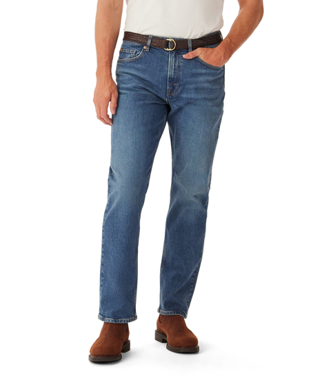 R.M.Williams - Ramco Jean - Vintage Indigo worn by a model, showcasing a versatile straight-leg design.