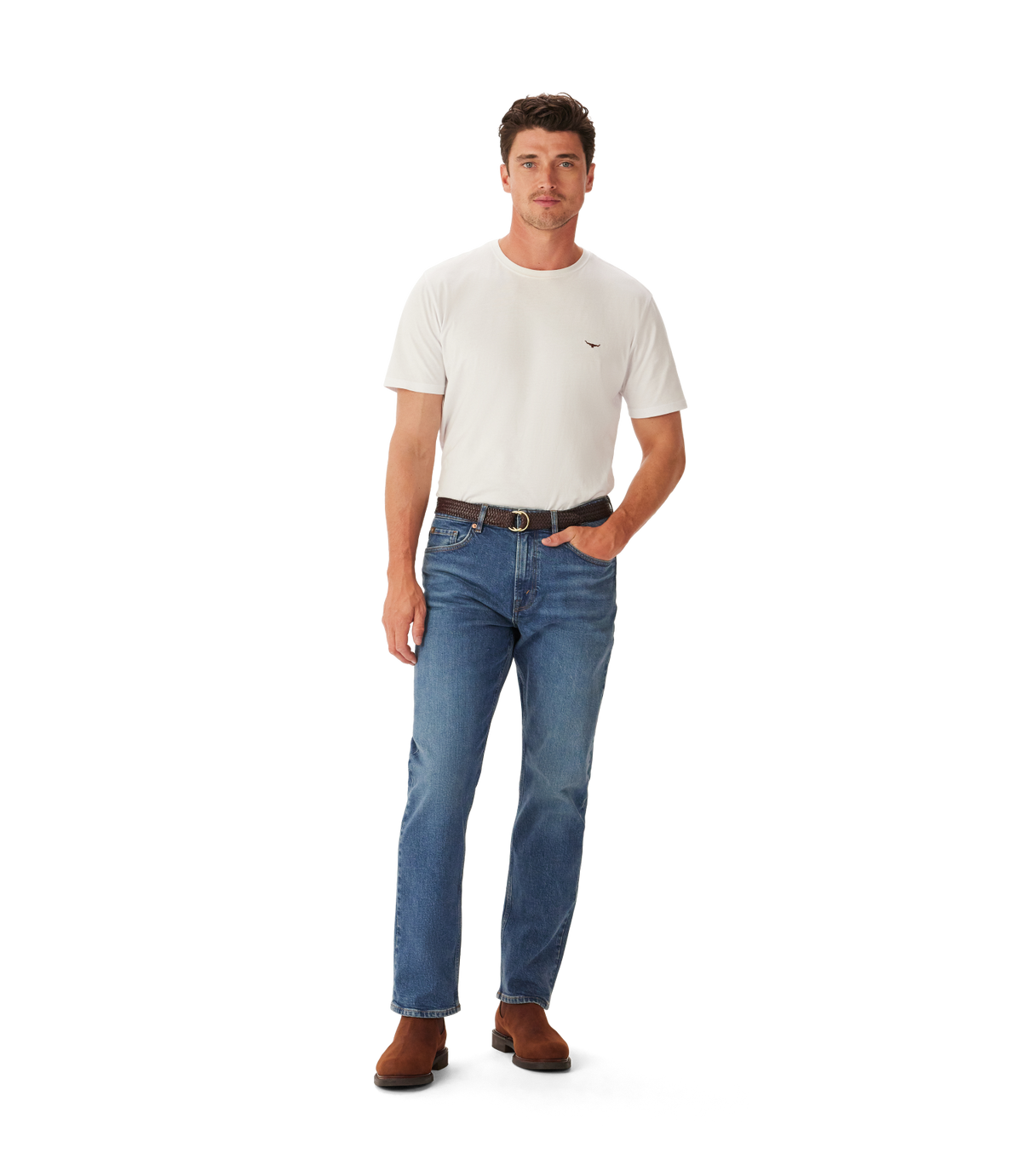 R.M.Williams - Ramco Jean - Vintage Indigo model wearing straight-leg jeans with white t-shirt and brown boots.