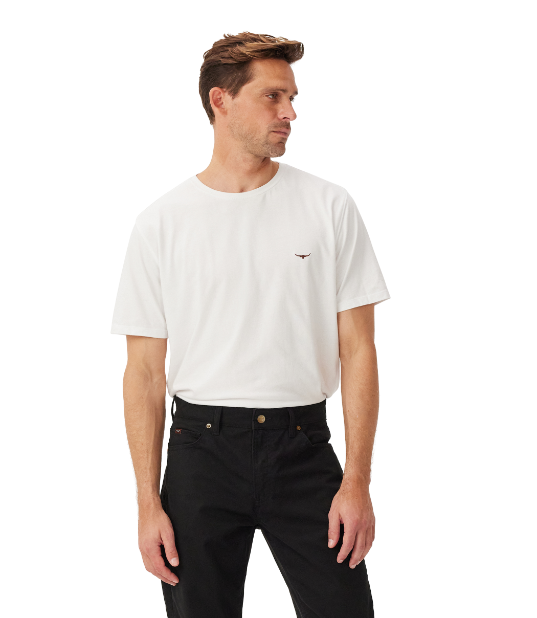 R.M.Williams - Ramco 5 Pocket Jean - Black worn with a white t-shirt, showcasing a stylish casual look.