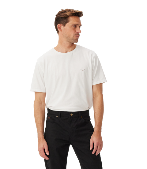 R.M.Williams - Ramco 5 Pocket Jean - Black worn with a white t-shirt, showcasing a stylish casual look.