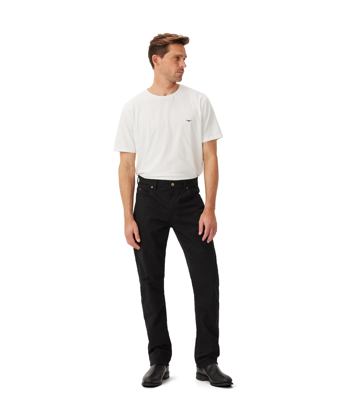 R.M.Williams - Ramco 5 Pocket Jean - Black worn by a model with a white t-shirt, showcasing a versatile straight-leg fit.