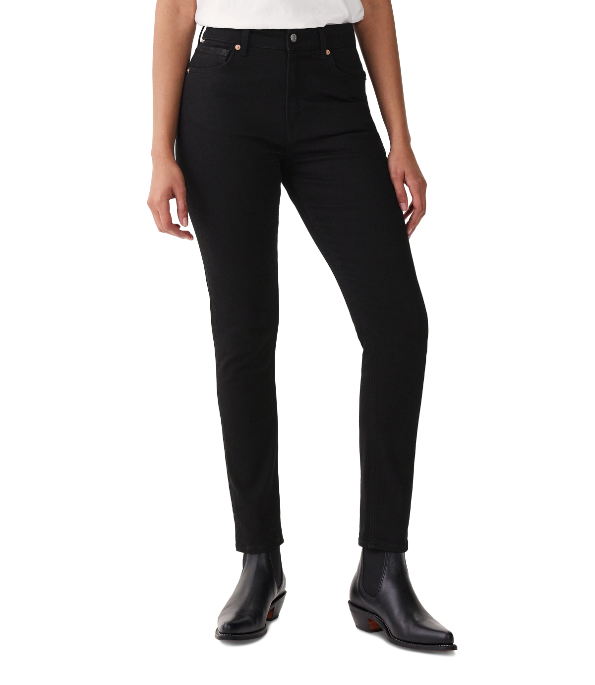 R.M.Williams - Albury Jean - Black Rinse Wash worn by a model, showcasing its high rise skinny fit in premium stretch denim.