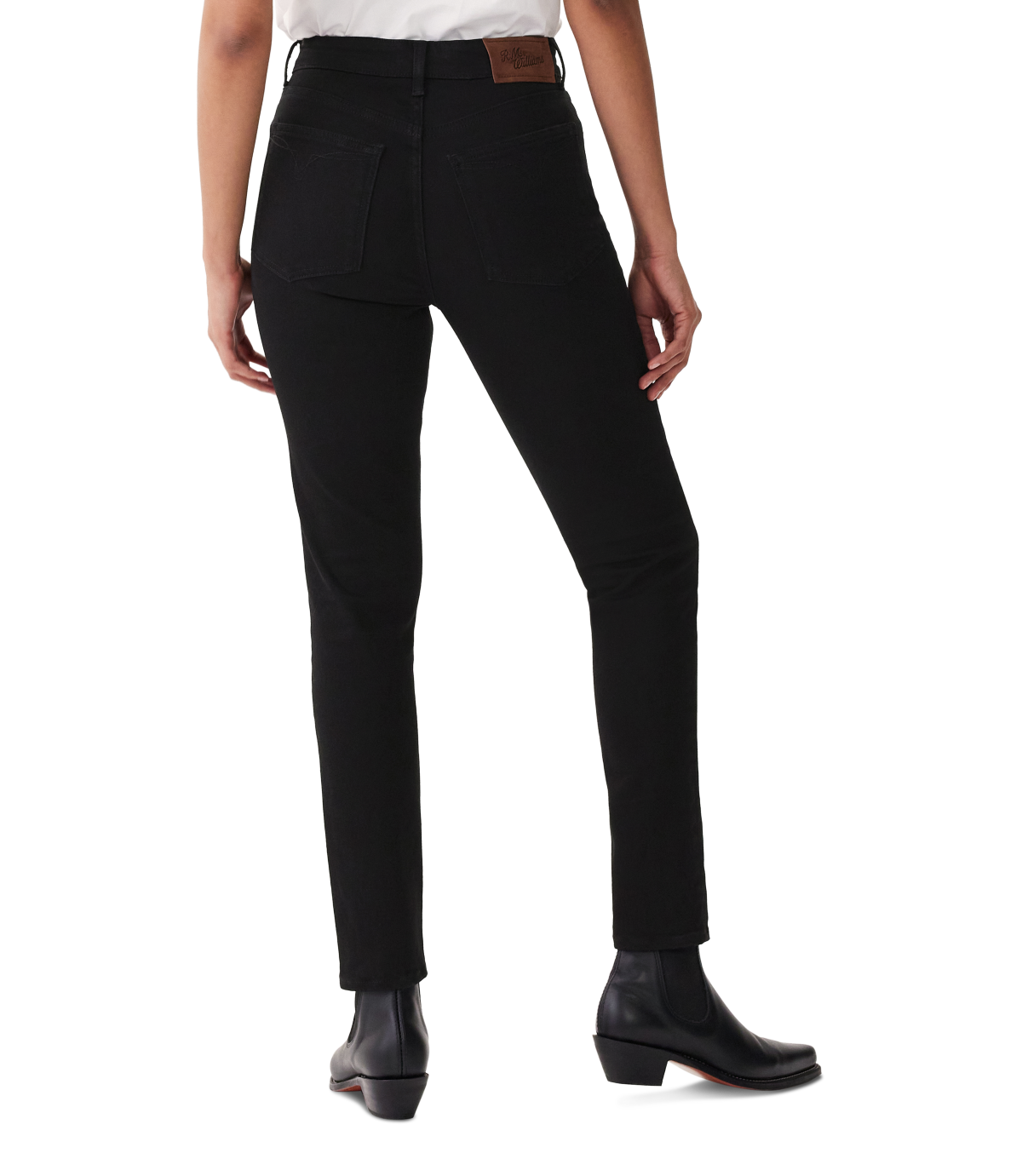 R.M.Williams - Albury Jean - Black Rinse Wash displayed from the back, showcasing a high rise fit and skinny silhouette.