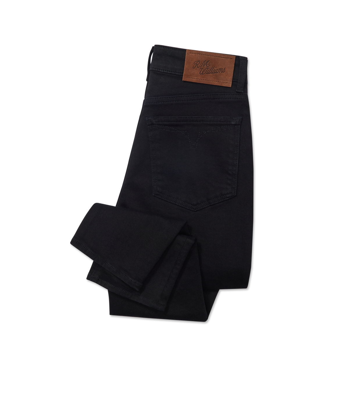 R.M.Williams - Albury Jean - Black Rinse Wash displayed with rolled cuffs, showcasing the suede waistband patch and five-pocket design.