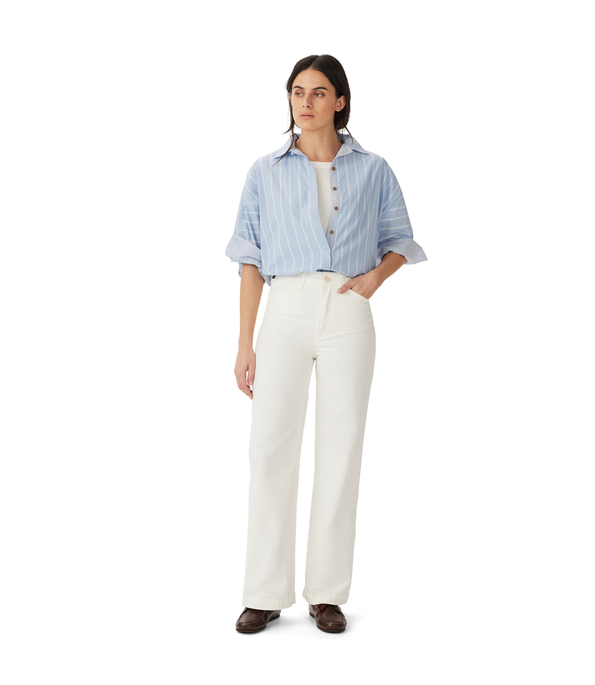 R.M.Williams - Jesse Jean - White modeled with a blue striped shirt and relaxed fit, showcasing premium organic twill jeans.