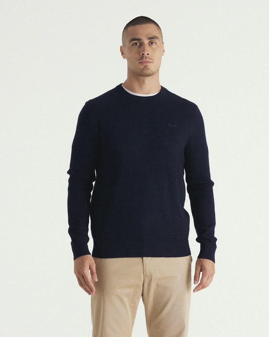 GANT - Textured Cotton Merino Crew Neck Jumper - Evening Blue
