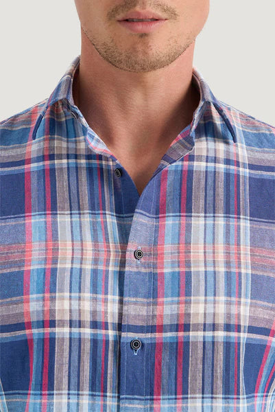 M.J. Bale - Valsesia Linen Blend Shirt - Check - Natural Denim Washed Red