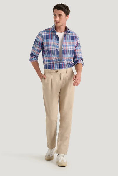 M.J. Bale - Valsesia Linen Blend Shirt - Check - Natural Denim Washed Red